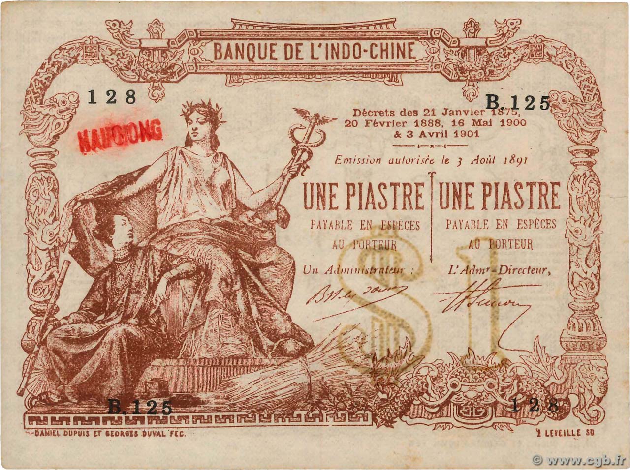 1 Piastre - 1 Piastre Faux FRANZÖSISCHE-INDOCHINA Haïphong 1909 P.013bx VZ