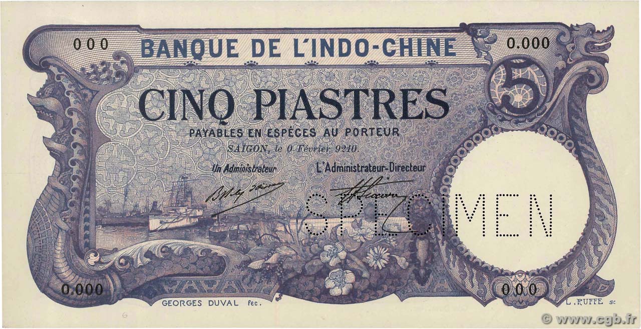 5 Piastres Spécimen FRENCH INDOCHINA Saïgon 1920 P.040s AU