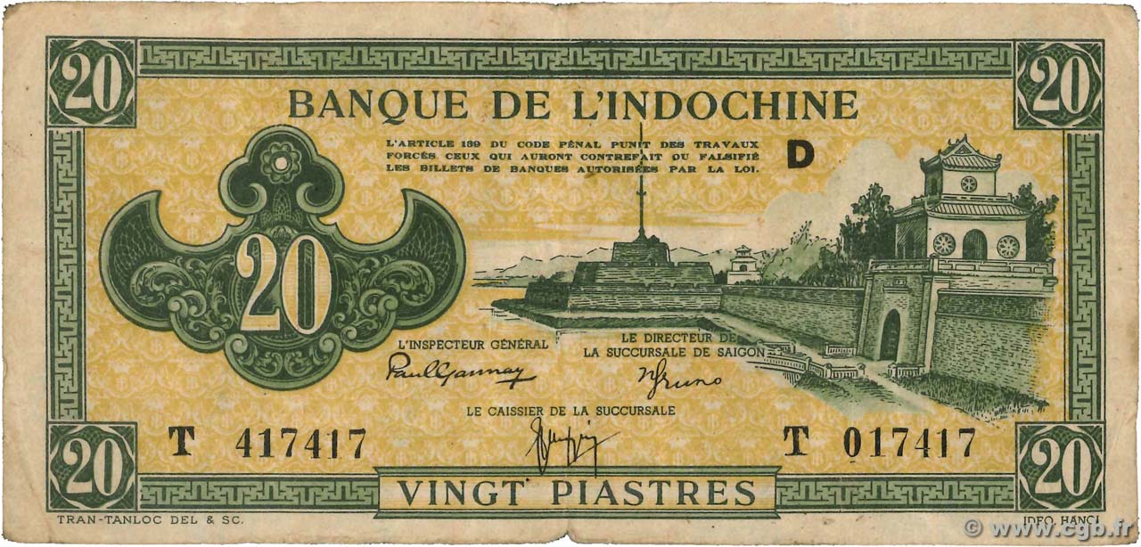 20 Piastres vert INDOCINA FRANCESE  1944 P.070 MB