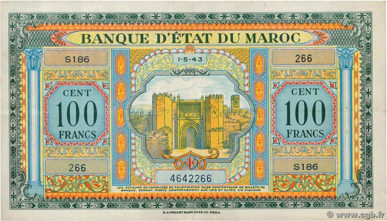 100 Francs MAROKKO  1943 P.27a fVZ