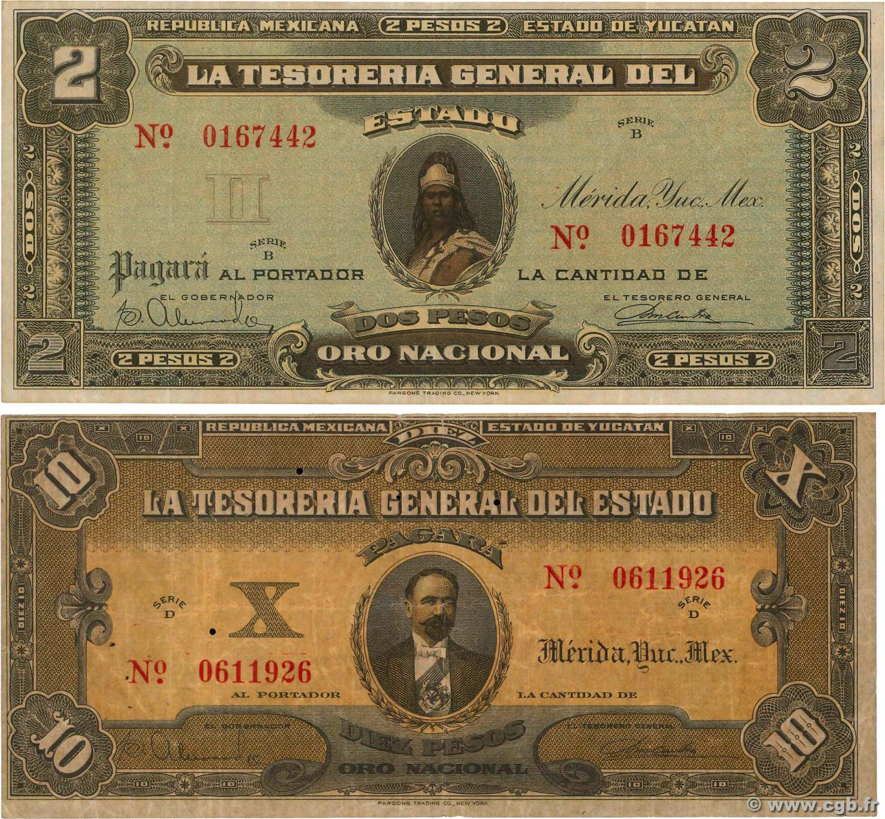 2 et 10 Pesos Lot MEXICO Merida 1916 PS.1136 et PS.1138 q.BB
