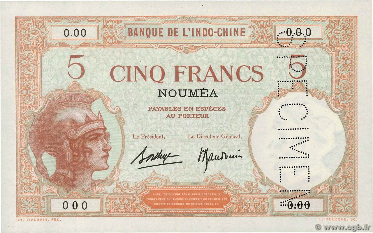 5 Francs Spécimen NOUVELLE CALÉDONIE  1936 P.36bs UNC