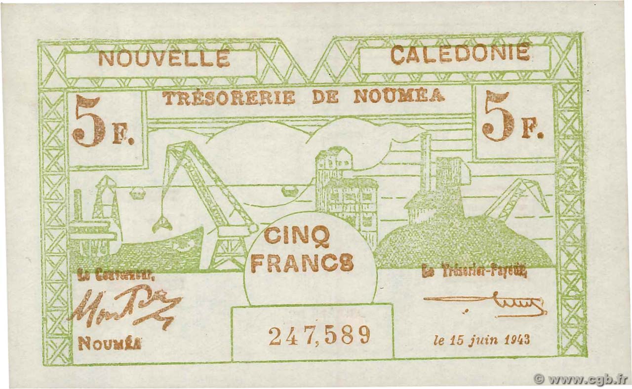 5 Francs NOUVELLE CALÉDONIE  1943 P.58 pr.NEUF
