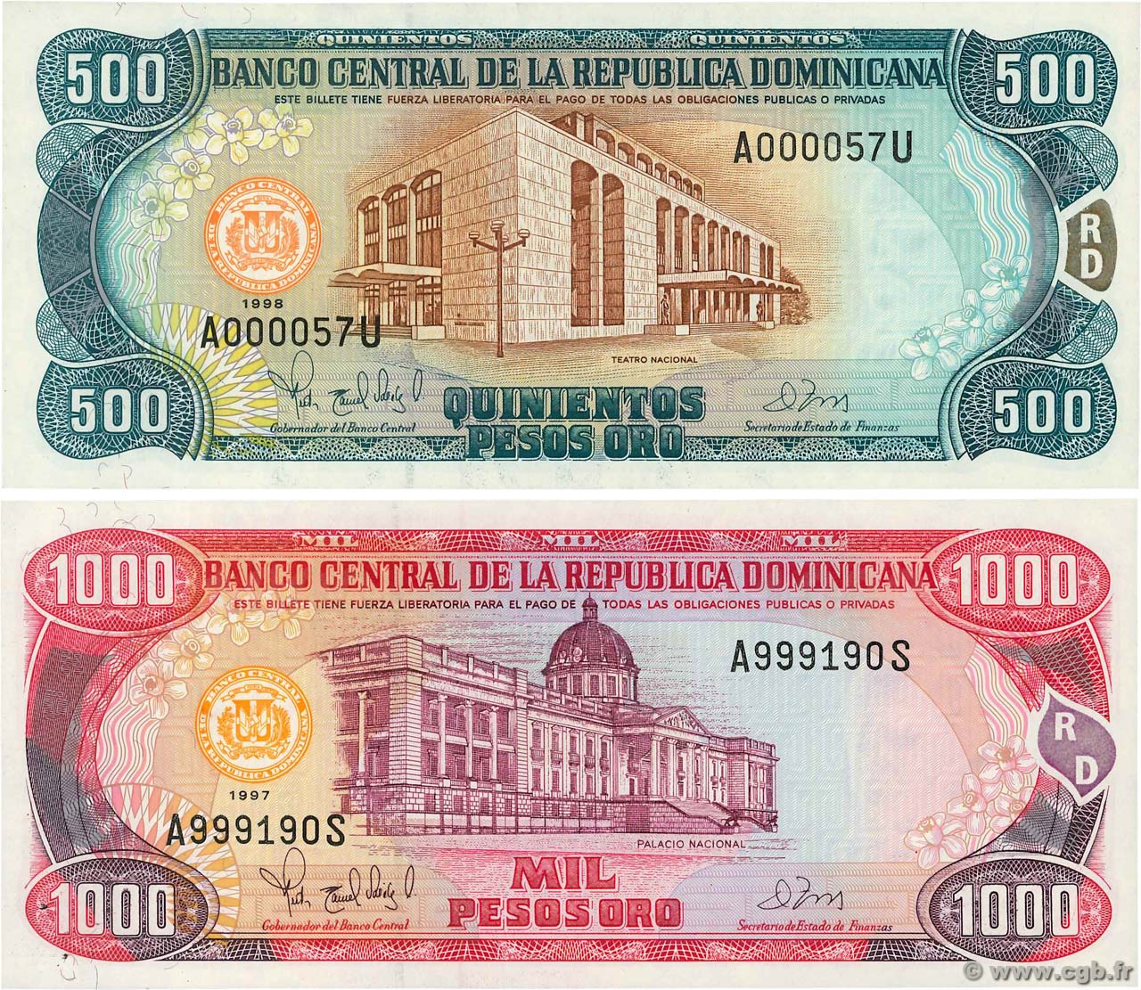 500 et 1000 Pesos Oro Lot RÉPUBLIQUE DOMINICAINE  1997 P.157c et P.158b NEUF