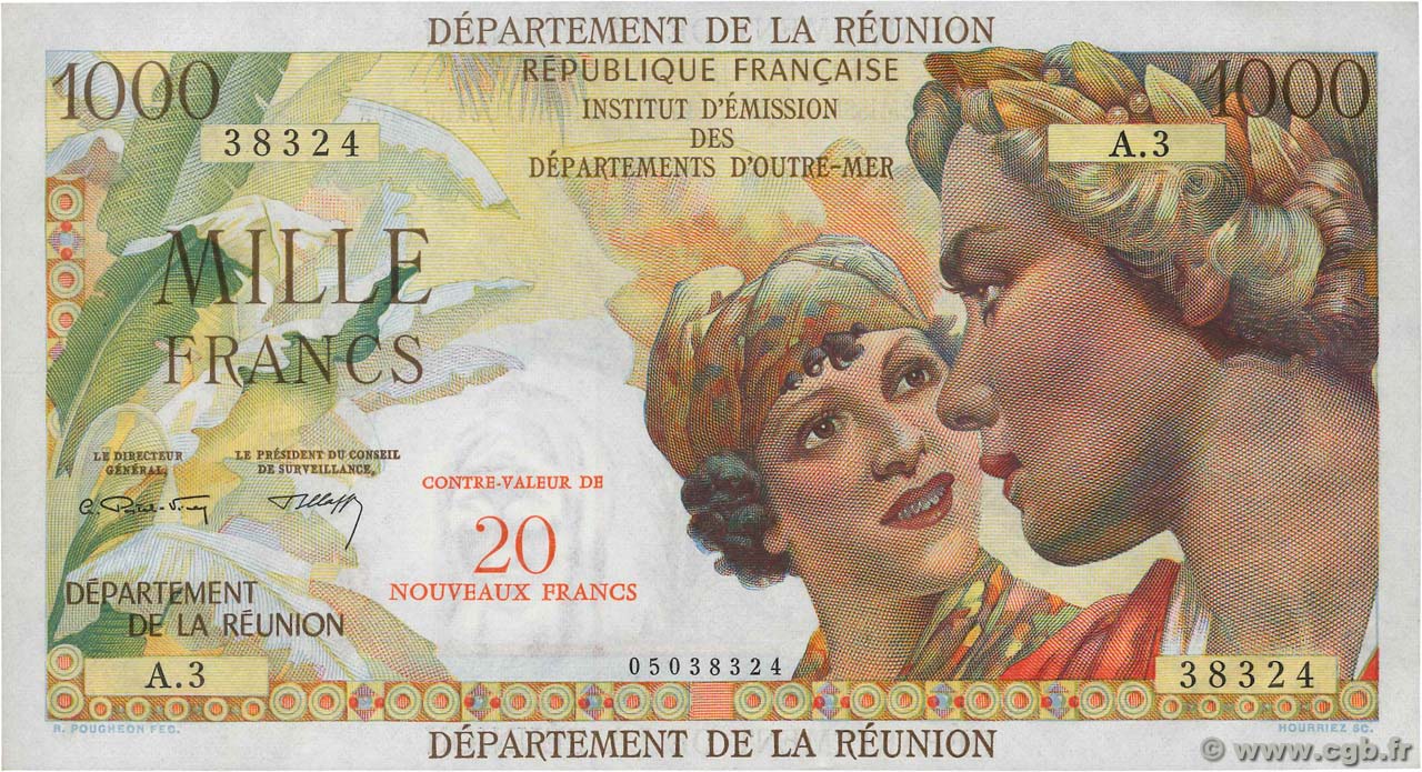 20 NF sur 1000 Francs Union Française ÎLE DE LA RÉUNION  1971 P.55b SPL+