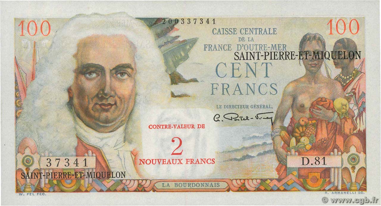 2 NF sur 100 Francs La Bourdonnais SAN PEDRO Y MIGUELóN  1960 P.32 FDC