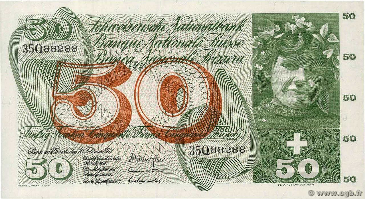 50 Francs Numéro radar SWITZERLAND  1971 P.48k UNC-
