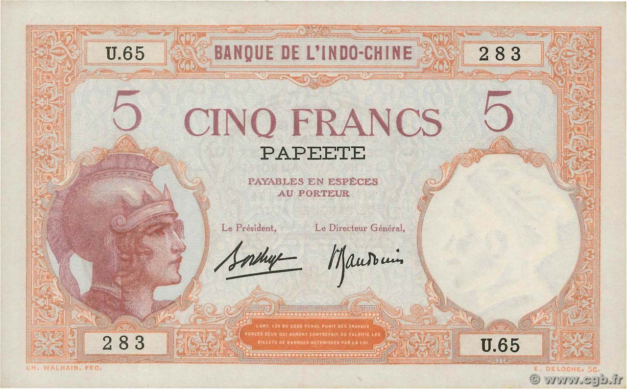 5 Francs TAHITI  1936 P.11c SPL+