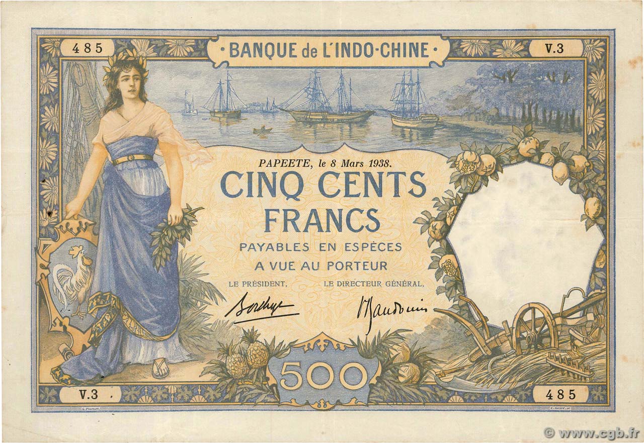 500 Francs TAHITI  1938 P.13b TTB