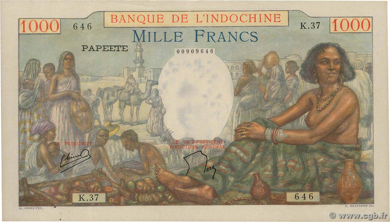 1000 Francs TAHITI  1953 P.15b EBC+