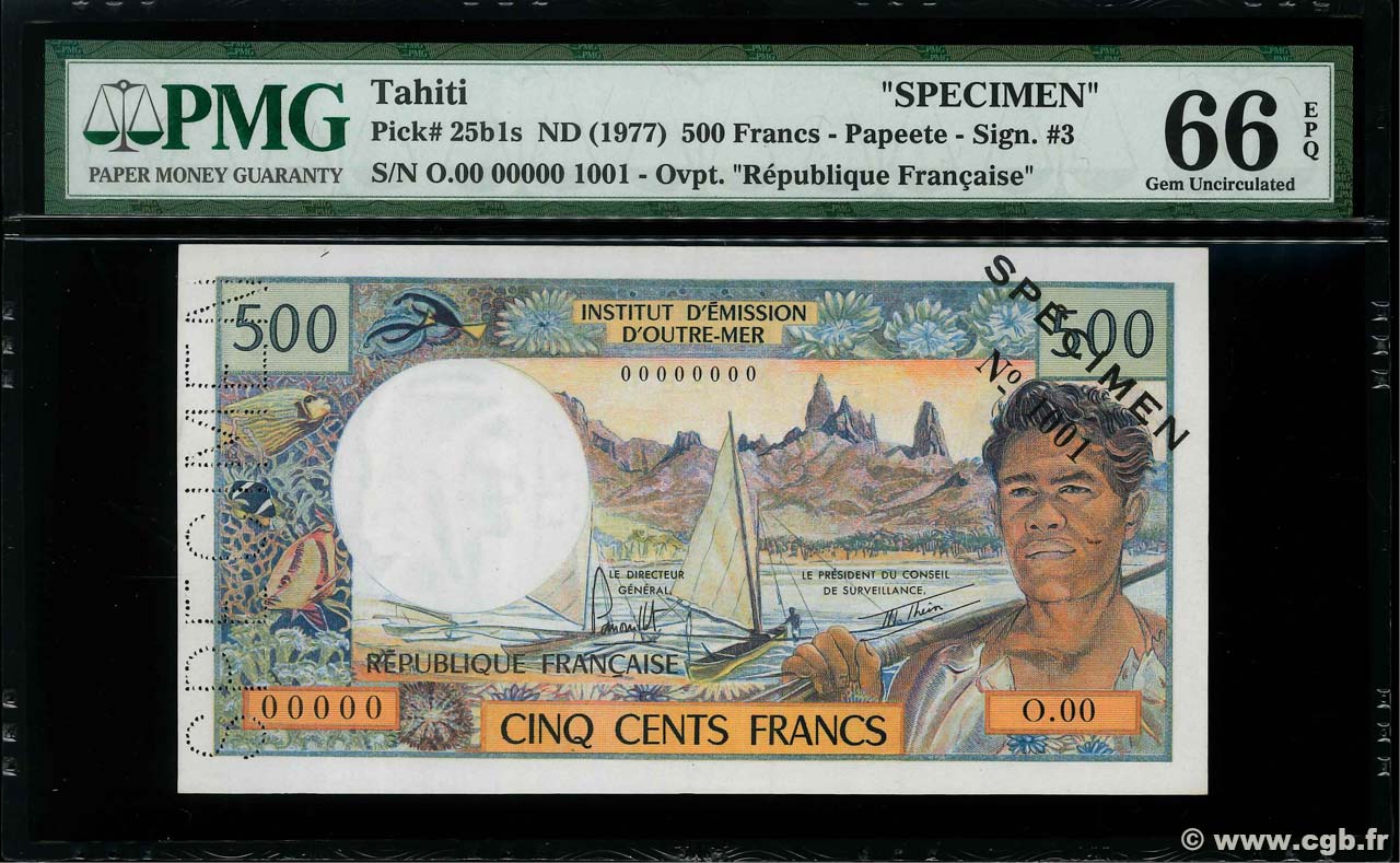 500 Francs Spécimen TAHITI  1977 P.25b1s fST+