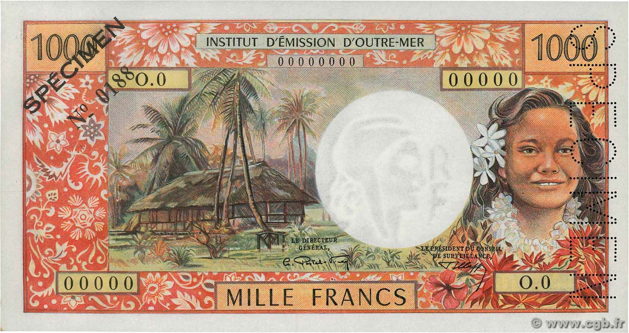 1000 Francs Spécimen TAHITI Papeete 1969 P.26s NEUF