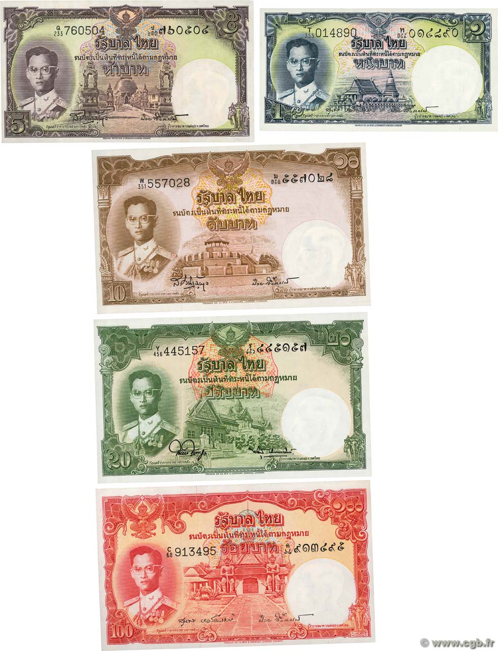 1, 5, 10, 20 et 100 Baht Lot THAILANDIA  1953 P.074 au P.078 q.FDC