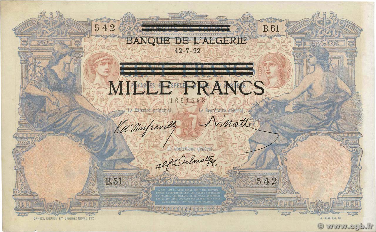 1000 Francs sur 100 Francs TUNESIEN  1794 P.31 fST+