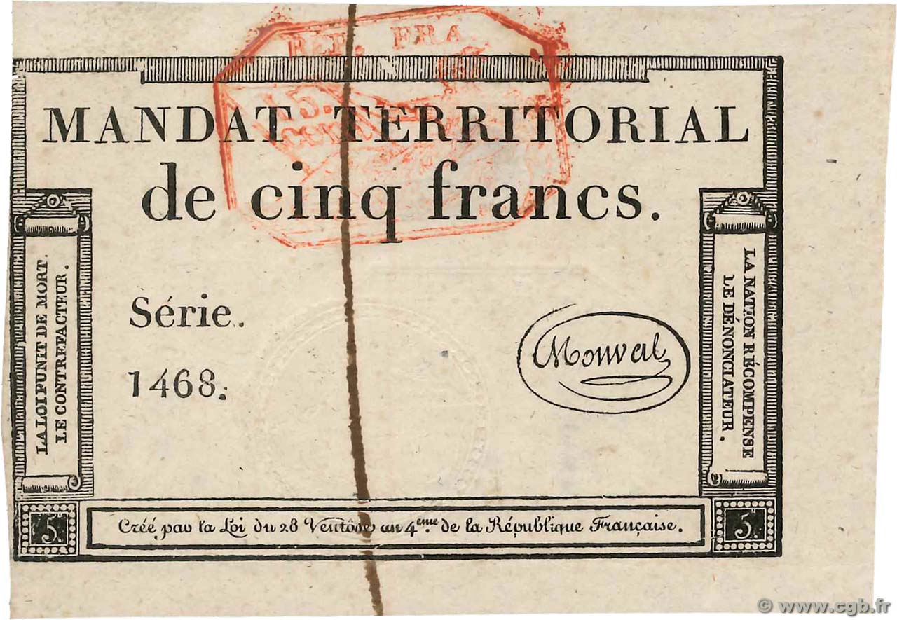 5 Francs Monval cachet rouge FRANCE  1796 Ass.63c UNC-
