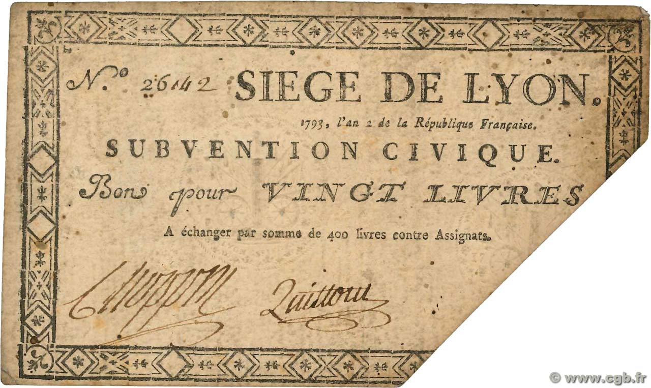 20 Livres FRANCE Regionalismus und verschiedenen Lyon 1793 Kol.135b S
