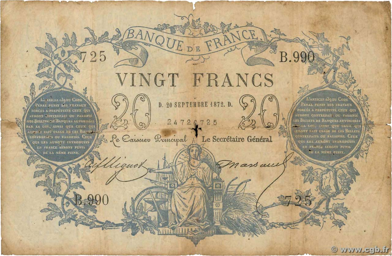 20 Francs type 1871 FRANCE  1872 F.A46.03 B