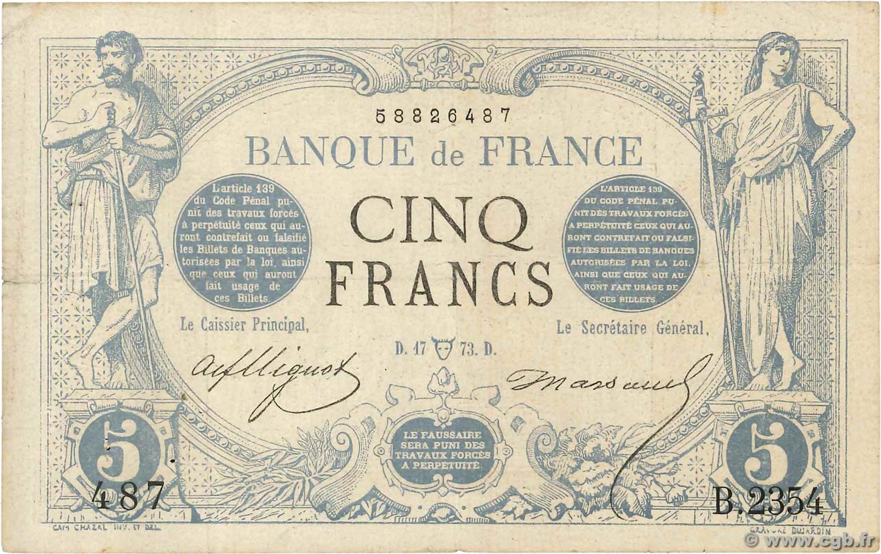 5 Francs NOIR FRANCIA  1873 F.01.17 MB
