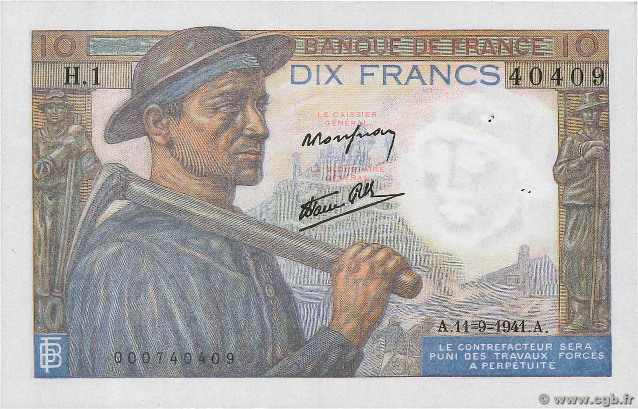 10 Francs MINEUR FRANKREICH  1941 F.08.01 VZ+