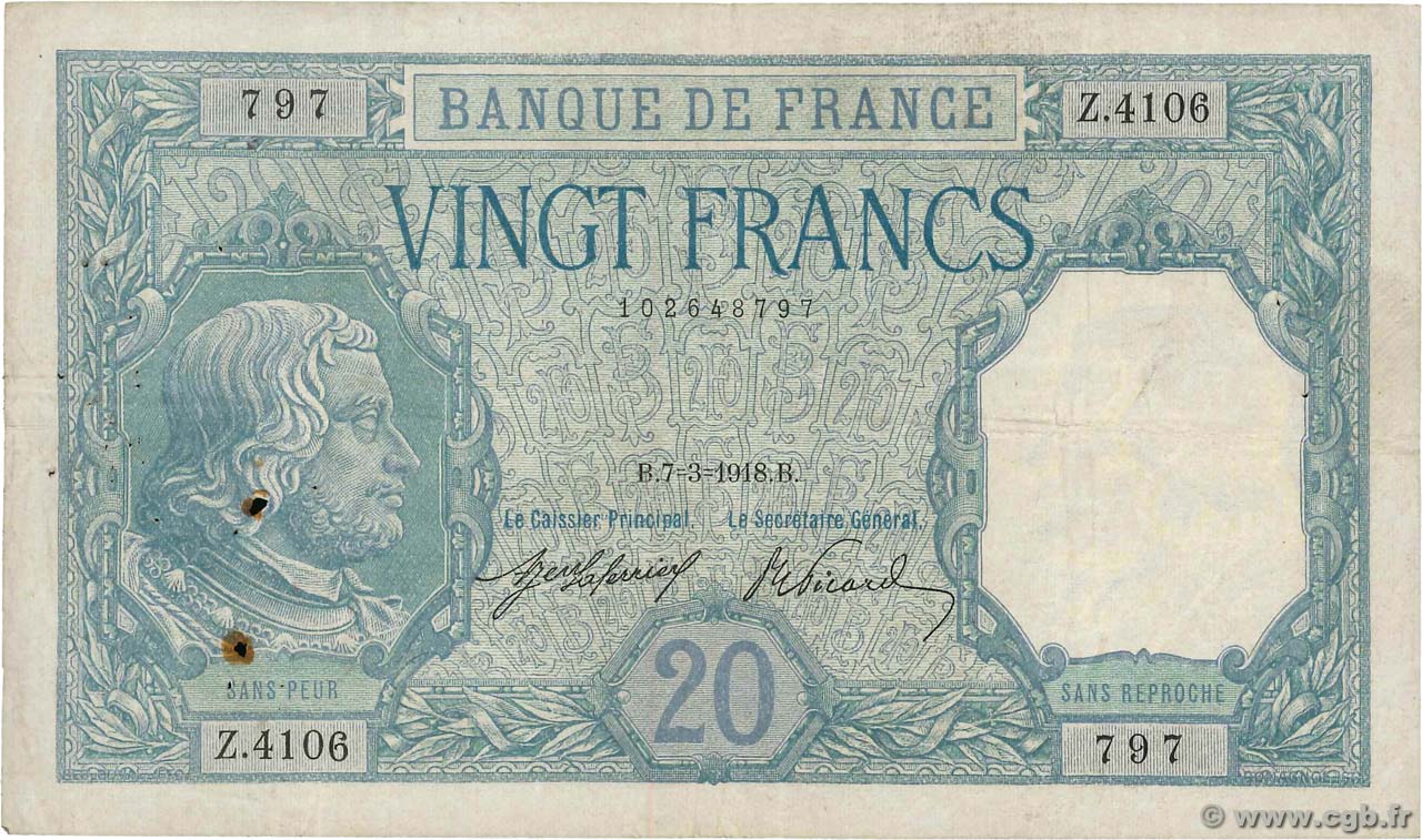 20 Francs BAYARD FRANCIA  1918 F.11.03 q.BB