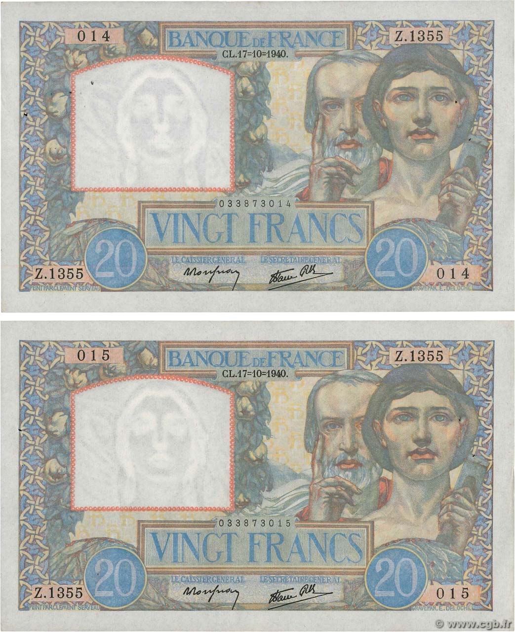 20 Francs TRAVAIL ET SCIENCE Consécutifs FRANCIA  1940 F.12.09 q.SPL
