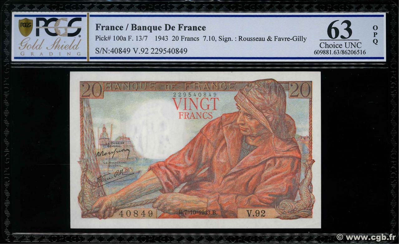20 Francs PÊCHEUR FRANCE  1943 F.13.07 SPL+
