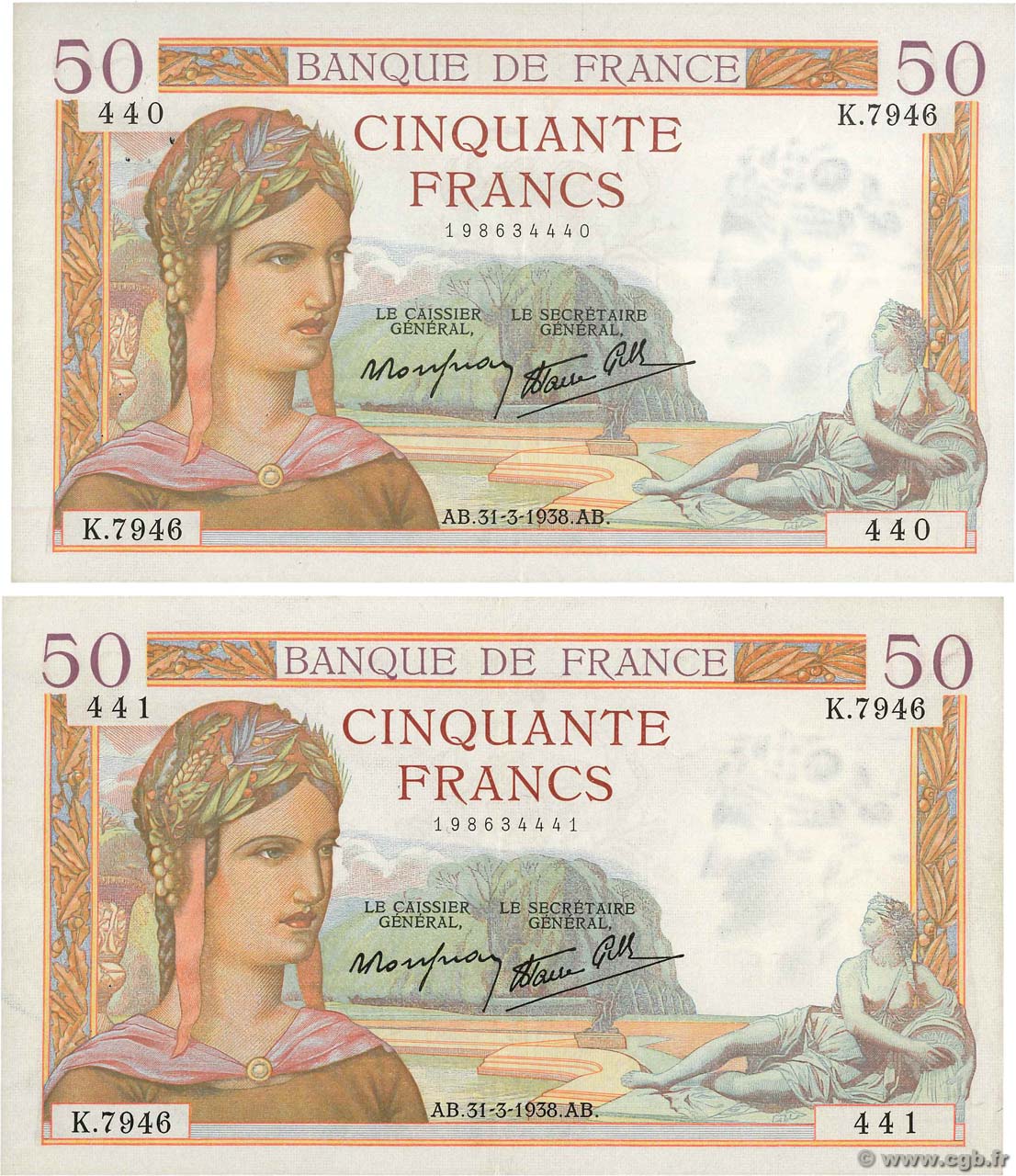 50 Francs CÉRÈS modifié Consécutifs FRANKREICH  1938 F.18.11 VZ+