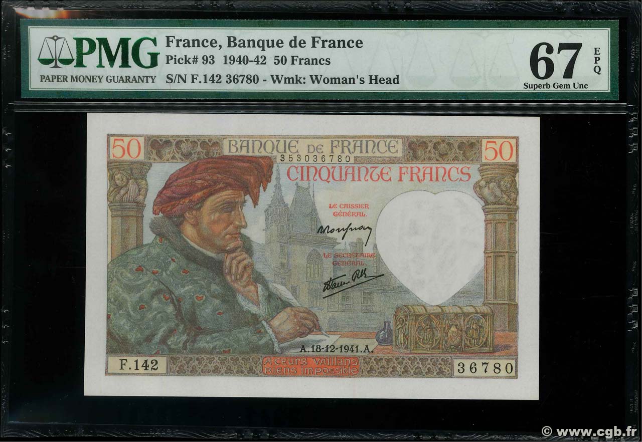 50 Francs JACQUES CŒUR FRANCE  1941 F.19.17 NEUF