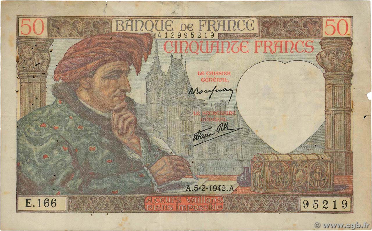 50 Francs JACQUES CŒUR FRANCE  1942 F.19.19 VG