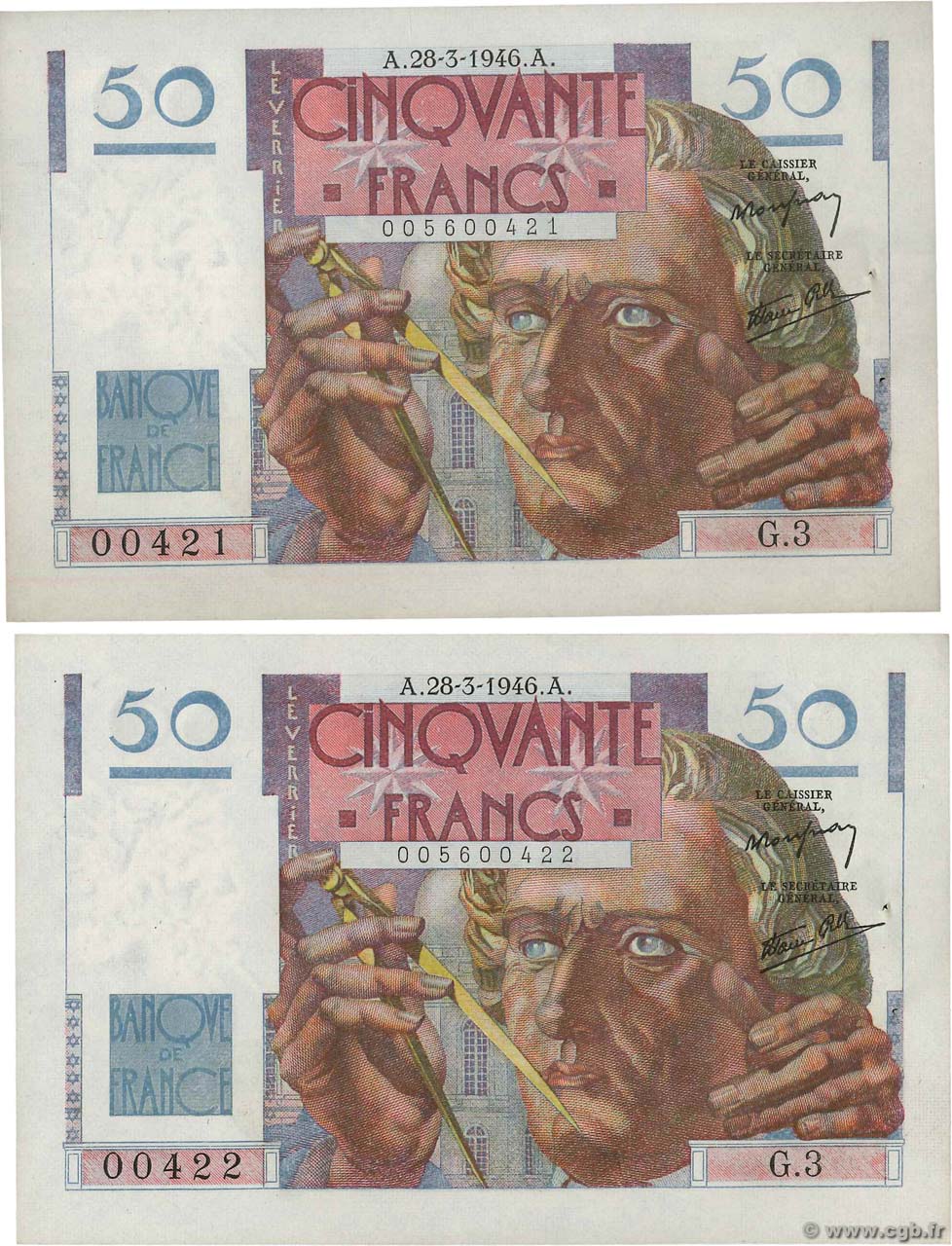 50 Francs LE VERRIER Consécutifs FRANKREICH  1946 F.20.02 fST