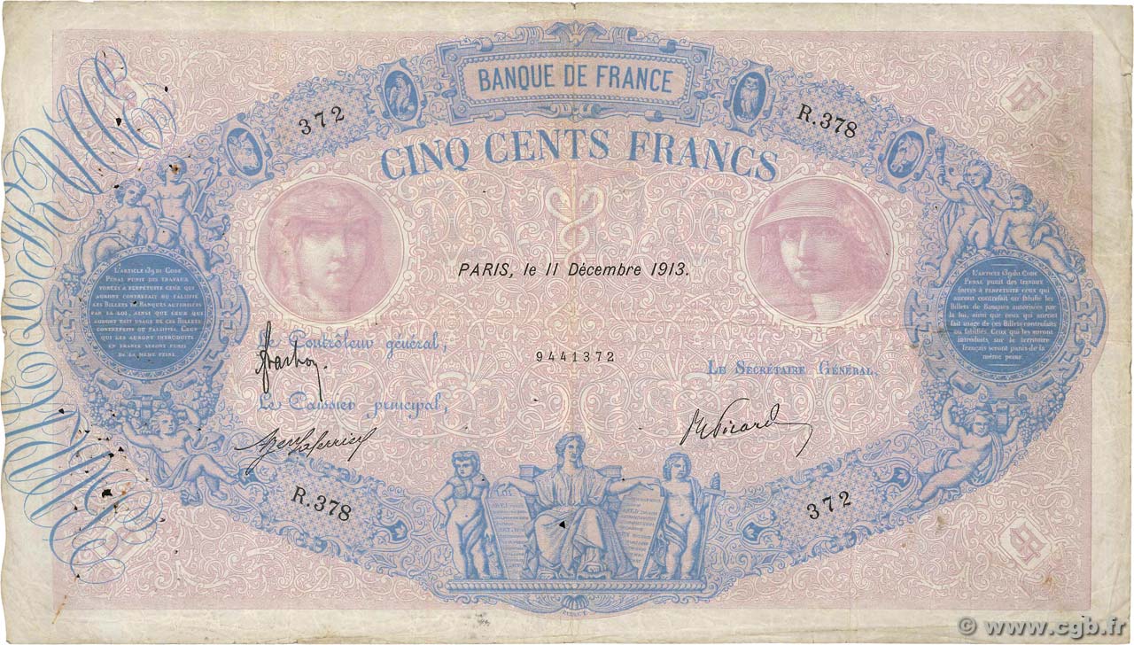 500 Francs BLEU ET ROSE FRANCE  1913 F.30.21 F