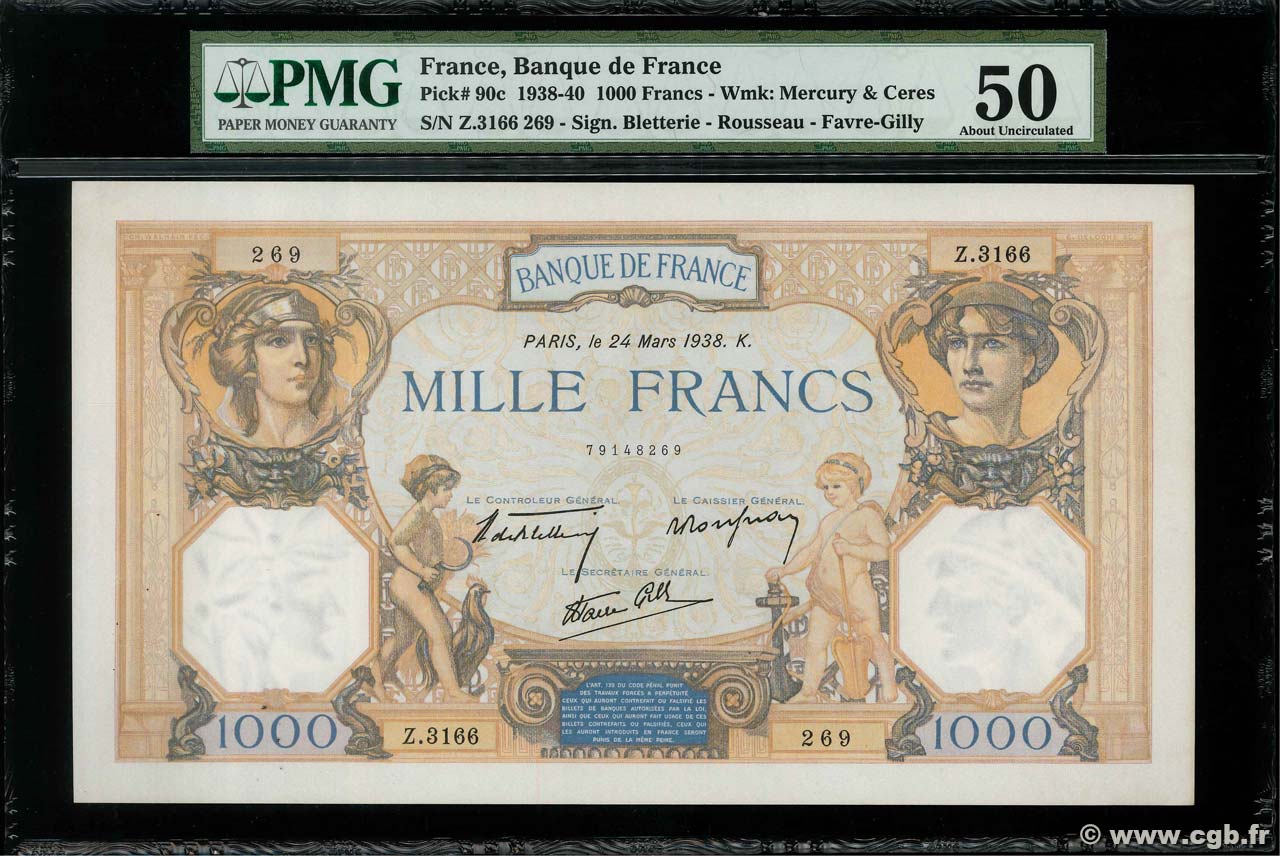 1000 Francs CÉRÈS ET MERCURE type modifié FRANCE  1938 F.38.09 SUP