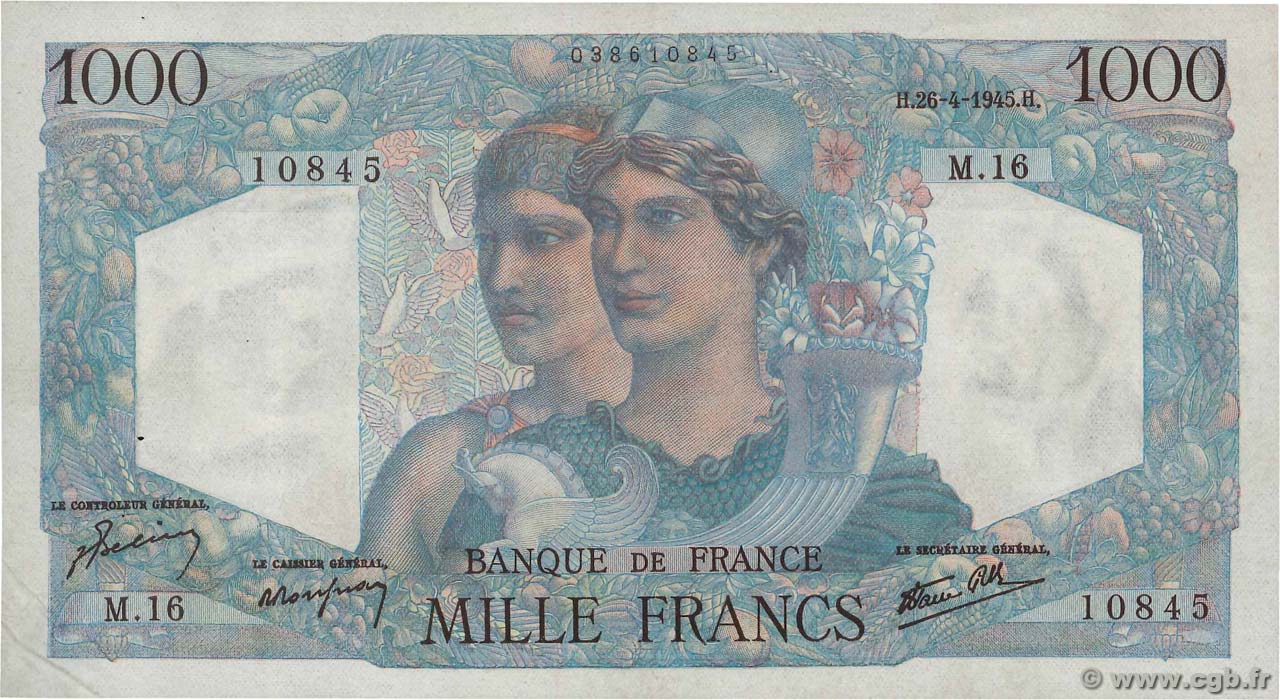 1000 Francs MINERVE ET HERCULE FRANCE  1945 F.41.02 SUP