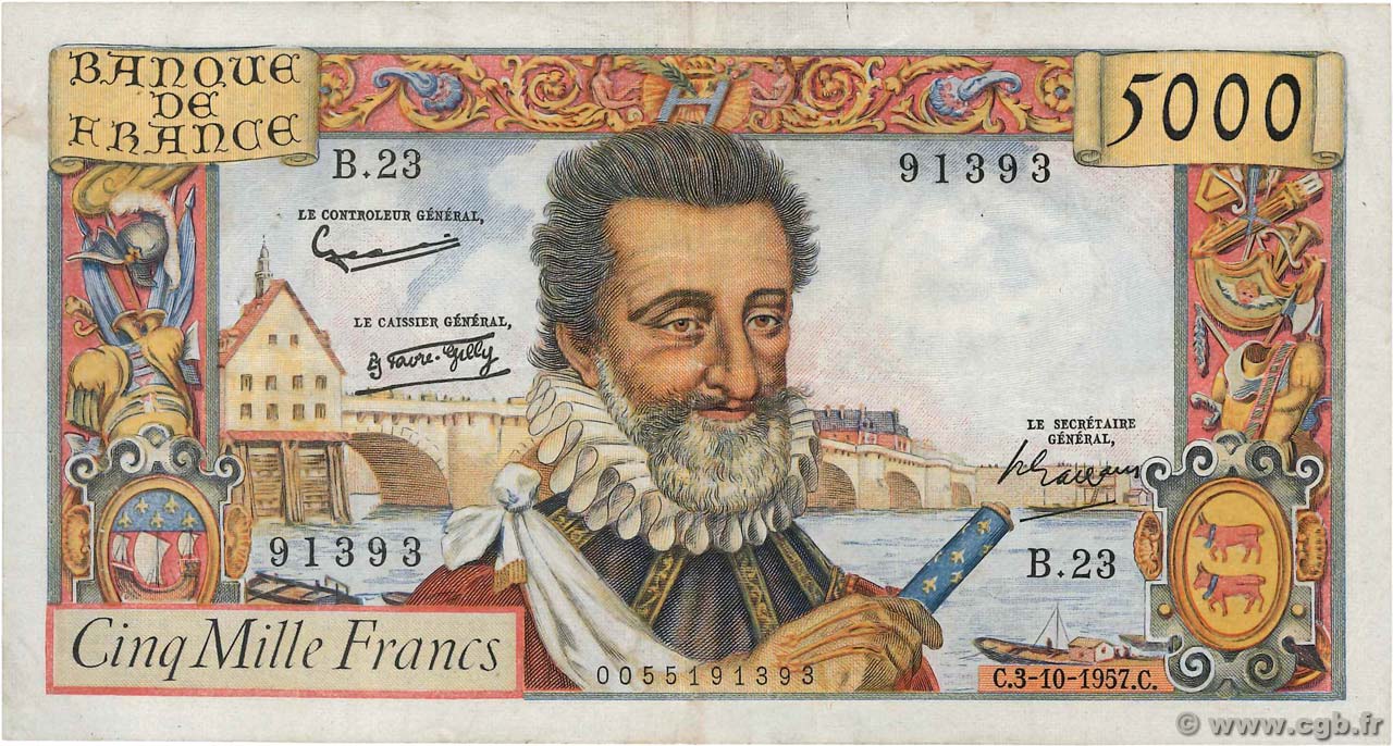 5000 Francs HENRI IV FRANCIA  1957 F.49.03 BC