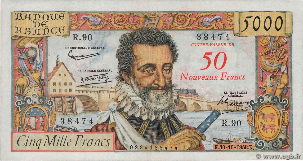 50 NF sur 5000 Francs HENRI IV FRANCIA  1958 F.54.01 MBC