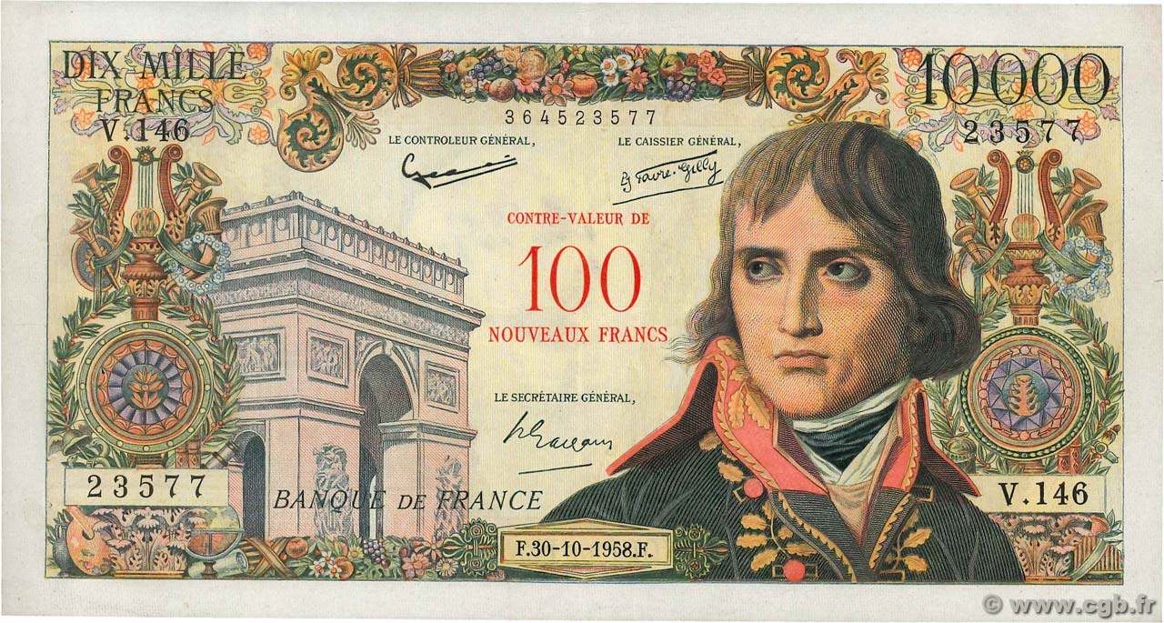 100 NF sur 10000 Francs BONAPARTE FRANCE  1958 F.55.01 pr.SUP