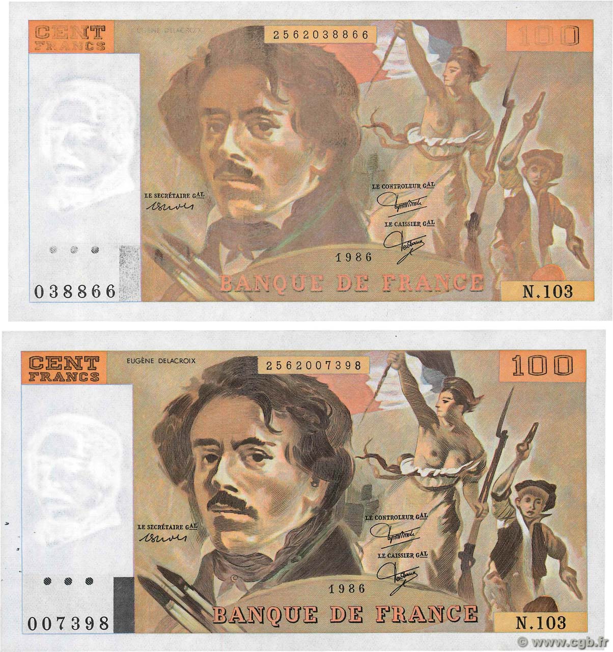 100 Francs DELACROIX modifié Fauté FRANCE  1986 F.69.10 pr.NEUF