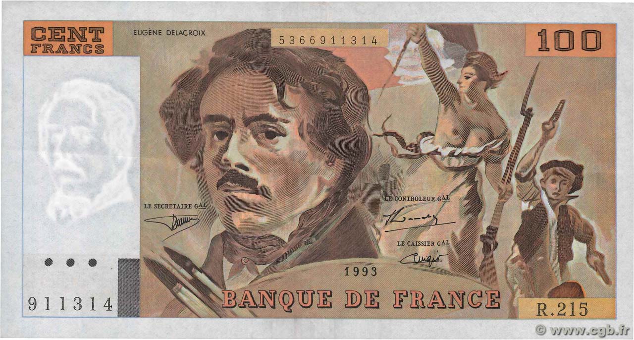 100 Francs DELACROIX imprimé en continu FRANCE  1993 F.69bis.06b215 XF