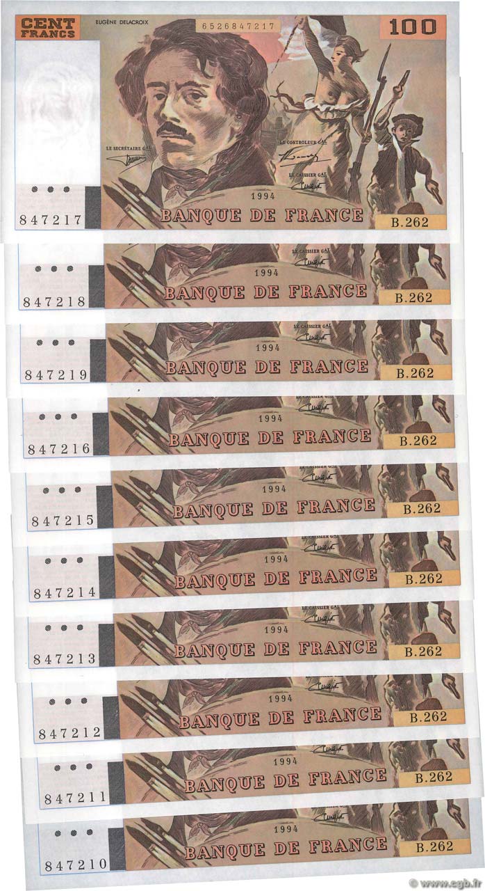 100 Francs DELACROIX 442-1 & 442-2 Consécutifs FRANCE  1994 F.69ter.01b NEUF