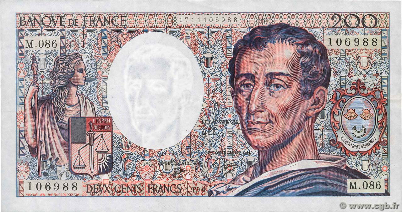 200 Francs MONTESQUIEU Fauté FRANCIA  1990 F.70.10a q.SPL