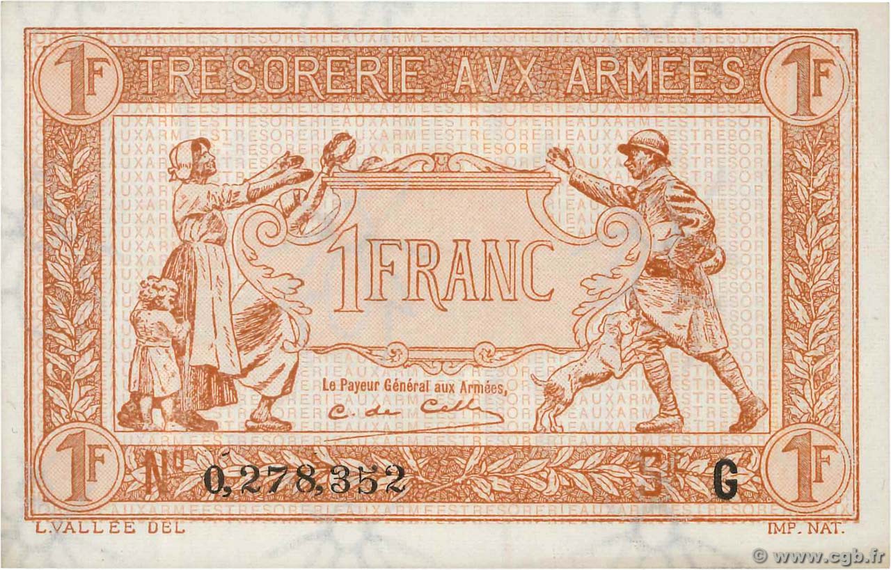 1 Franc TRÉSORERIE AUX ARMÉES 1917 FRANCE  1917 VF.03.07 SPL+