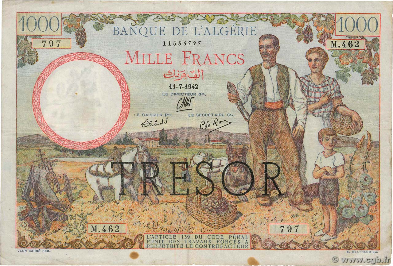 1000 Francs ALGÉRIE FRANCE  1942 VF.10.01 F