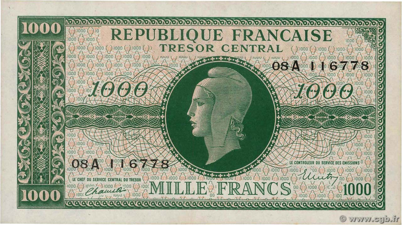 1000 Francs MARIANNE BANQUE D ANGLETERRE FRANCE  1945 VF.12.01 SPL+