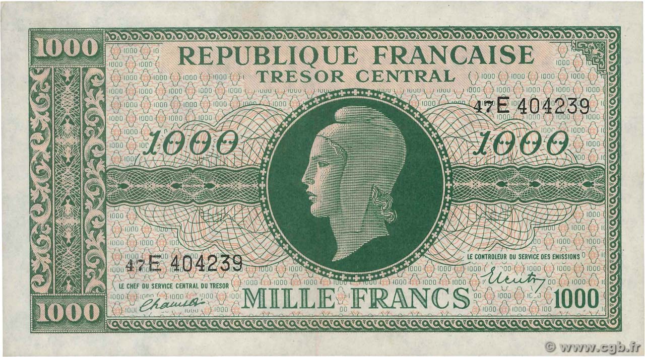 1000 Francs MARIANNE THOMAS DE LA RUE FRANCIA  1945 VF.13.02 AU+