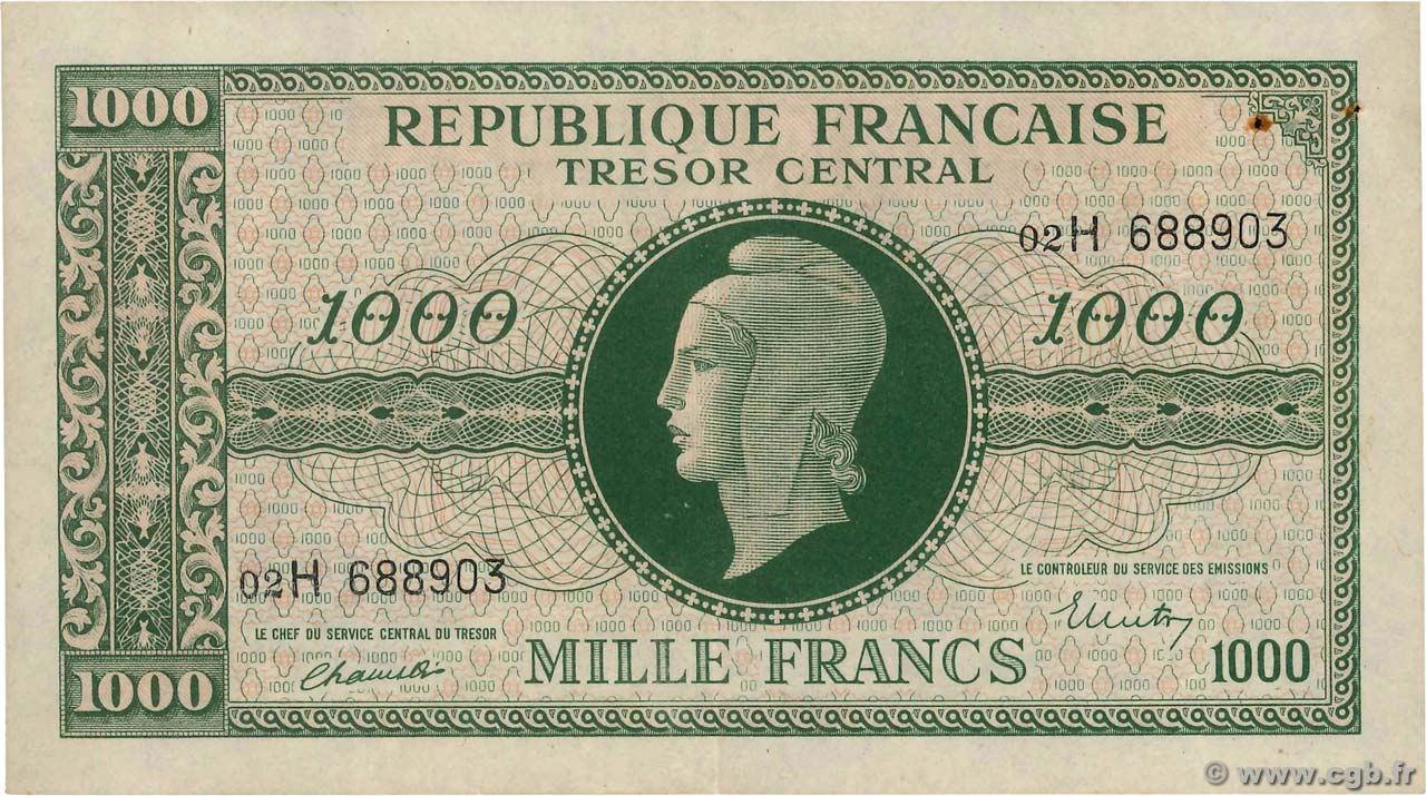 1000 Francs MARIANNE THOMAS DE LA RUE FRANCE  1945 VF.13.03 VF+