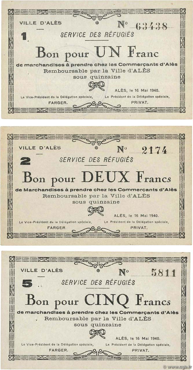 1, 2 et 5 Francs Lot FRANCE régionalisme et divers Alès 1940 BU.01.02, BU.02.01 et BU.03.02 TTB