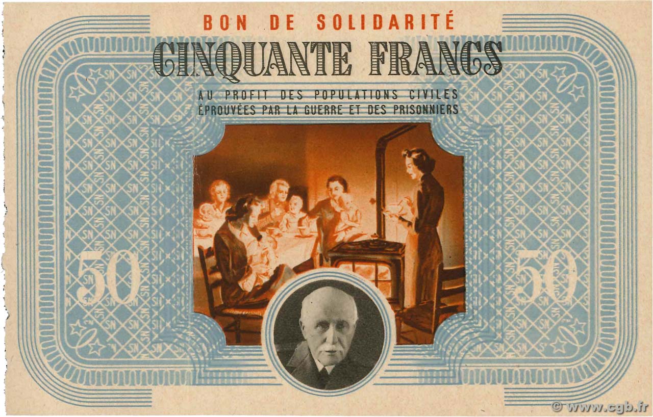 50 Francs BON DE SOLIDARITÉ FRANCE régionalisme et divers  1941 KL.09C2 SUP