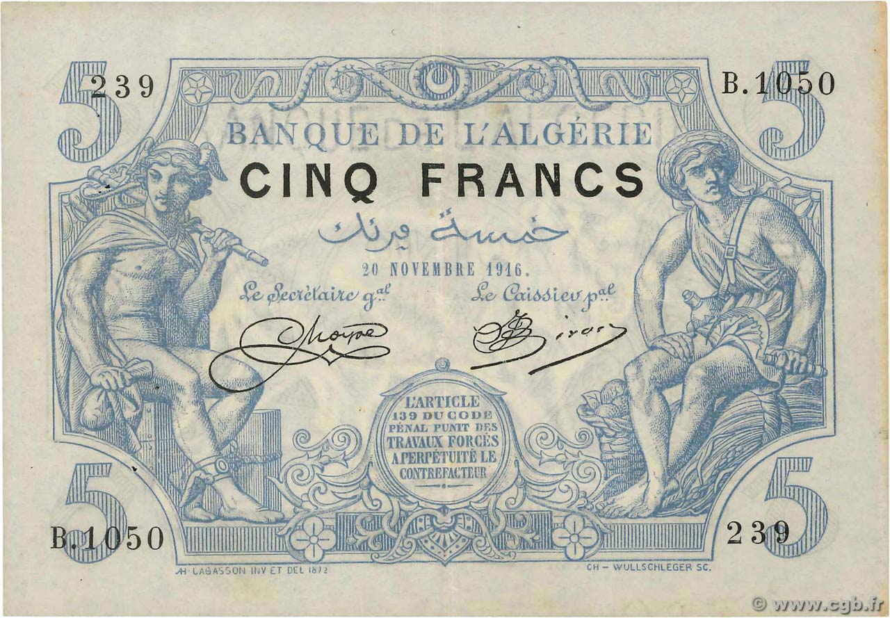 5 Francs ALGERIA  1916 P.071a q.SPL
