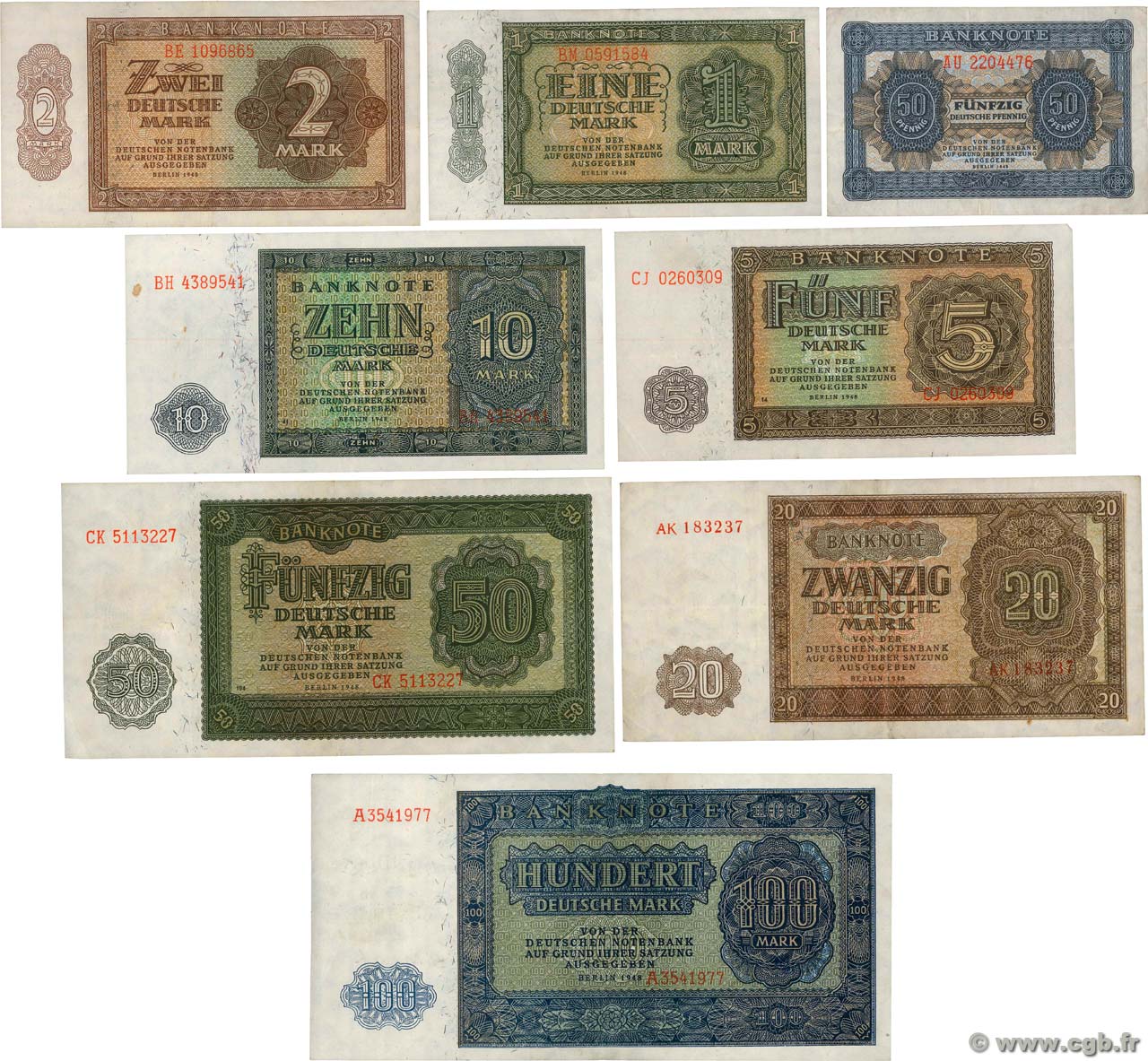 50 Pfenning au 100 Deutsche Mark Lot ALLEMAGNE DE L EST  1948 P.08 au P.15 TTB