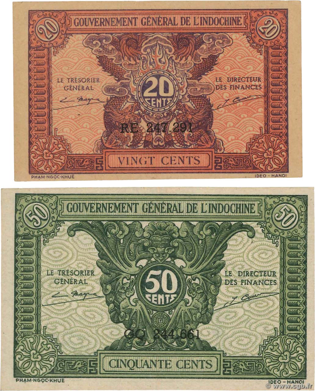 20 et 50 Cents Lot INDOCHINE FRANÇAISE  1942 P.090 et P.091a NEUF